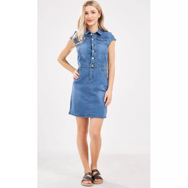 imagechouyatou Womens Cap Sleeve Bodycon 12 Button Placket Mini Denim Pencil DressBlue