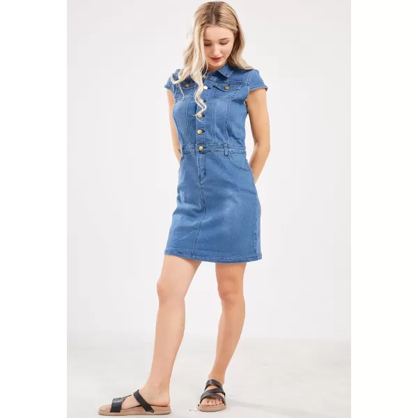 imagechouyatou Womens Cap Sleeve Bodycon 12 Button Placket Mini Denim Pencil DressBlue