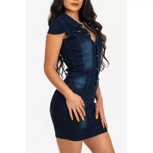 imagechouyatou Womens Cap Sleeve Bodycon 12 Button Placket Mini Denim Pencil DressDark Blue