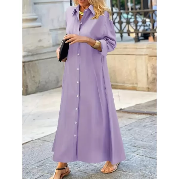 imagechouyatou Womens Casual Button Down Maxi Shirt Dress Long Sleeve Button Up Tunic Long DressPurple