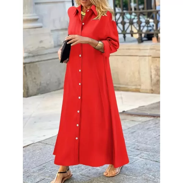 imagechouyatou Womens Casual Button Down Maxi Shirt Dress Long Sleeve Button Up Tunic Long DressRed