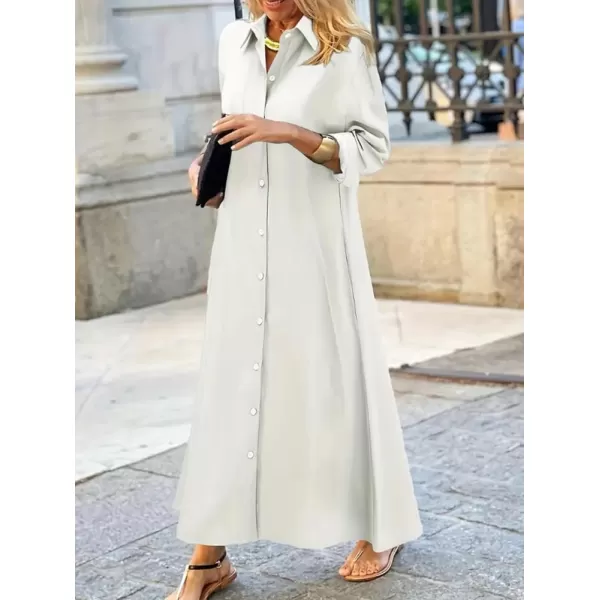 imagechouyatou Womens Casual Button Down Maxi Shirt Dress Long Sleeve Button Up Tunic Long DressWhite