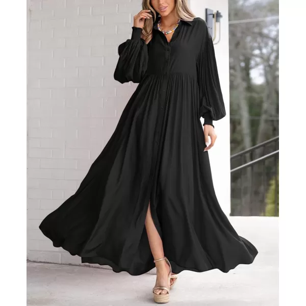 imagechouyatou Womens Casual Long Sleeve Button Down Shirt Dress Elegant Pleated Flowy Swing Maxi DressBlack