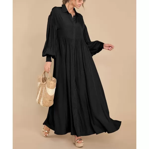 imagechouyatou Womens Casual Long Sleeve Button Down Shirt Dress Elegant Pleated Flowy Swing Maxi DressBlack