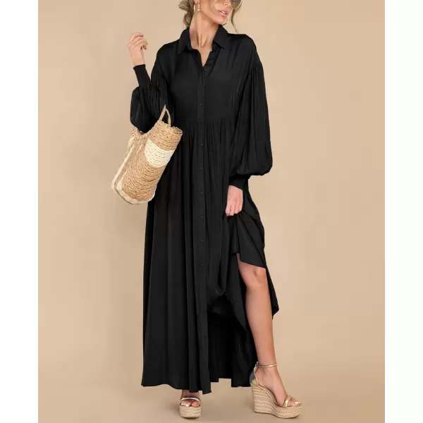 imagechouyatou Womens Casual Long Sleeve Button Down Shirt Dress Elegant Pleated Flowy Swing Maxi DressBlack