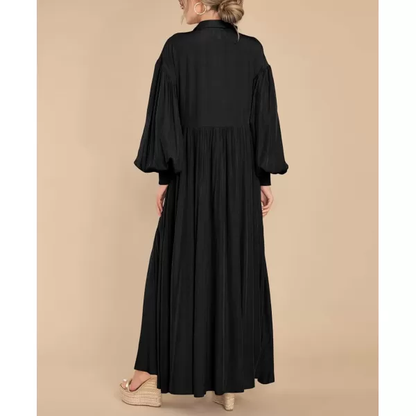 imagechouyatou Womens Casual Long Sleeve Button Down Shirt Dress Elegant Pleated Flowy Swing Maxi DressBlack