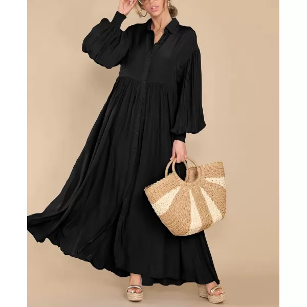 imagechouyatou Womens Casual Long Sleeve Button Down Shirt Dress Elegant Pleated Flowy Swing Maxi DressBlack