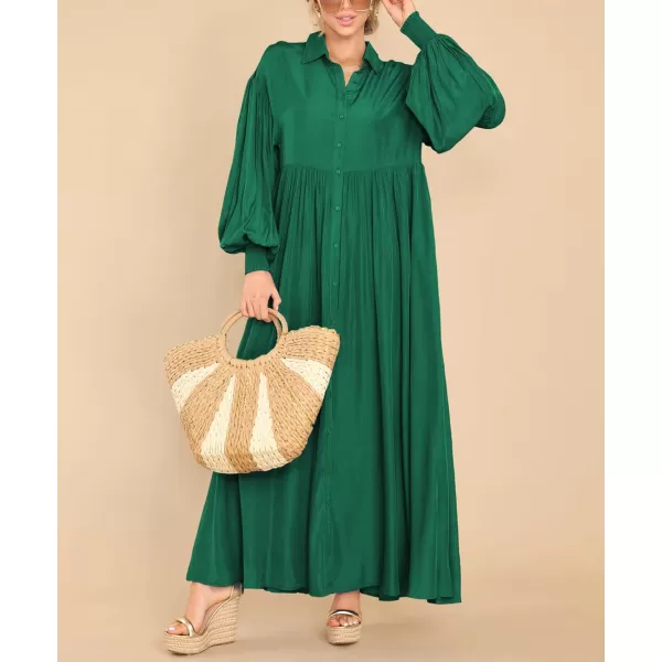 imagechouyatou Womens Casual Long Sleeve Button Down Shirt Dress Elegant Pleated Flowy Swing Maxi DressDark Green