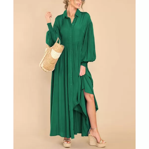 imagechouyatou Womens Casual Long Sleeve Button Down Shirt Dress Elegant Pleated Flowy Swing Maxi DressDark Green