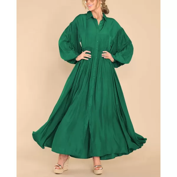imagechouyatou Womens Casual Long Sleeve Button Down Shirt Dress Elegant Pleated Flowy Swing Maxi DressDark Green