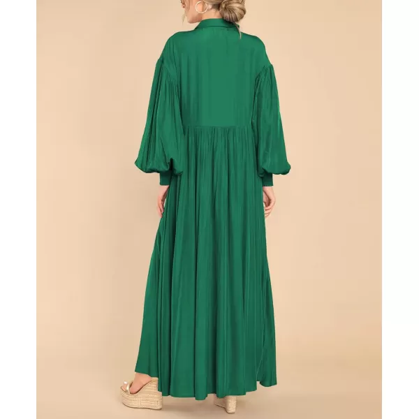 imagechouyatou Womens Casual Long Sleeve Button Down Shirt Dress Elegant Pleated Flowy Swing Maxi DressDark Green