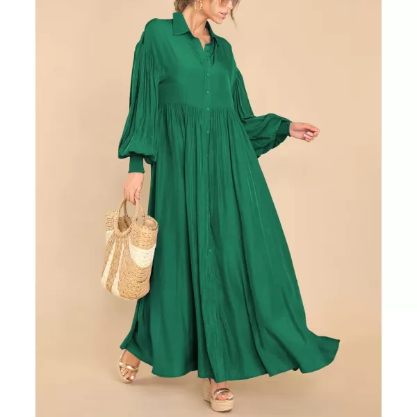 imagechouyatou Womens Casual Long Sleeve Button Down Shirt Dress Elegant Pleated Flowy Swing Maxi DressDark Green