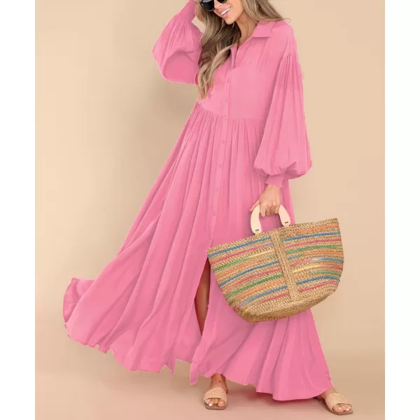imagechouyatou Womens Casual Long Sleeve Button Down Shirt Dress Elegant Pleated Flowy Swing Maxi DressPink