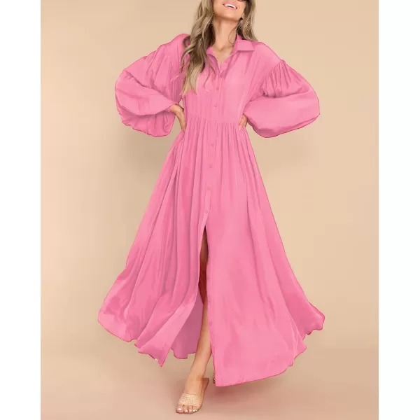 imagechouyatou Womens Casual Long Sleeve Button Down Shirt Dress Elegant Pleated Flowy Swing Maxi DressPink