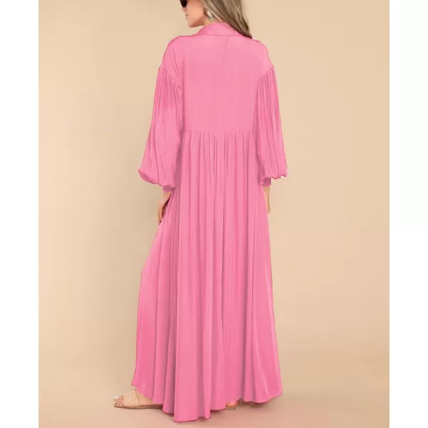 imagechouyatou Womens Casual Long Sleeve Button Down Shirt Dress Elegant Pleated Flowy Swing Maxi DressPink