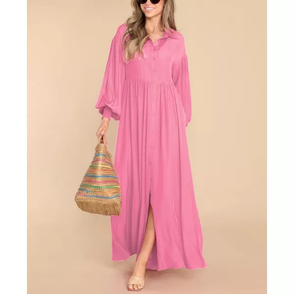 imagechouyatou Womens Casual Long Sleeve Button Down Shirt Dress Elegant Pleated Flowy Swing Maxi DressPink