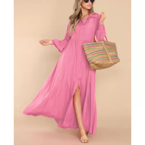 imagechouyatou Womens Casual Long Sleeve Button Down Shirt Dress Elegant Pleated Flowy Swing Maxi DressPink