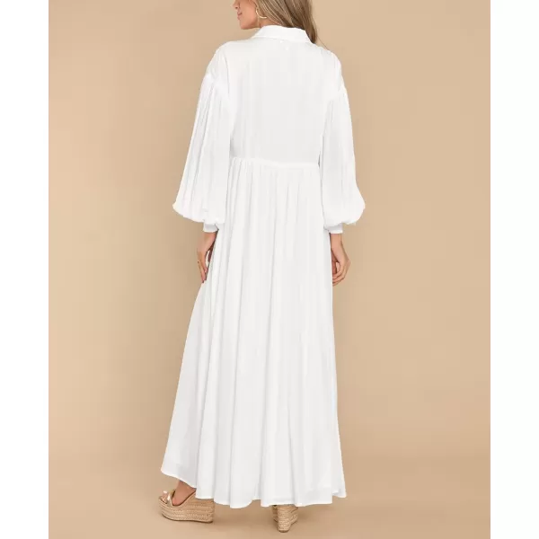 imagechouyatou Womens Casual Long Sleeve Button Down Shirt Dress Elegant Pleated Flowy Swing Maxi DressWhite