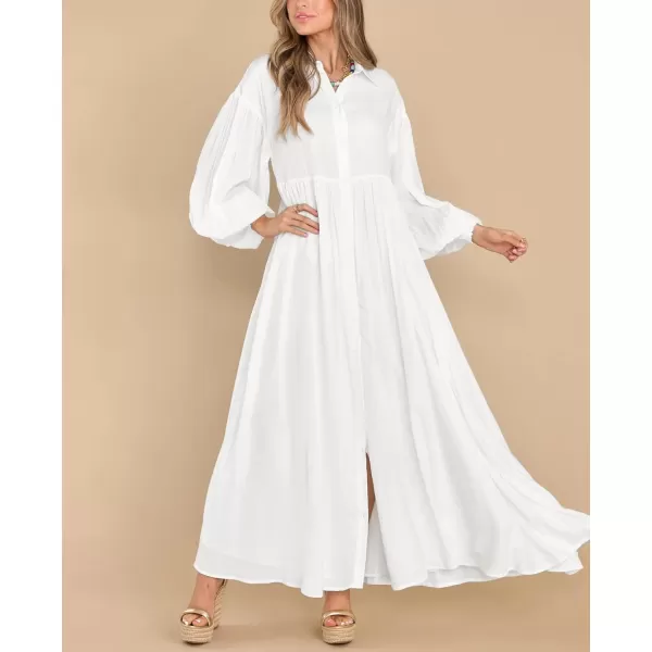 imagechouyatou Womens Casual Long Sleeve Button Down Shirt Dress Elegant Pleated Flowy Swing Maxi DressWhite