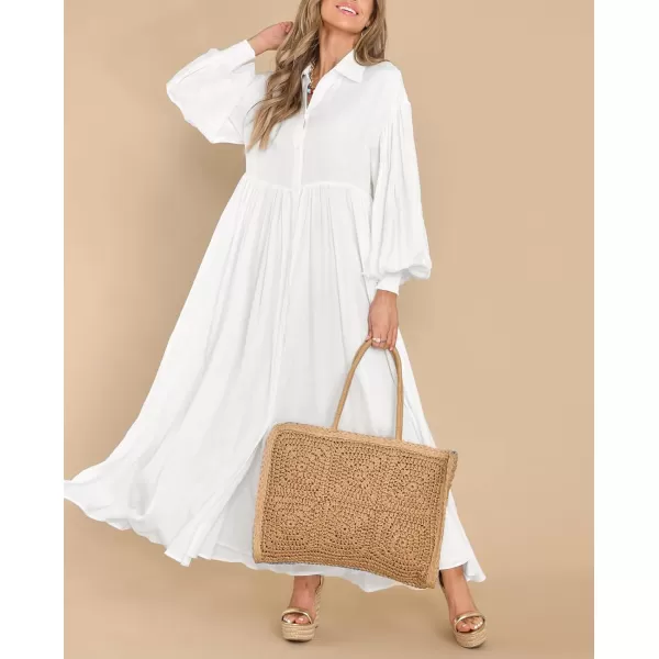 imagechouyatou Womens Casual Long Sleeve Button Down Shirt Dress Elegant Pleated Flowy Swing Maxi DressWhite