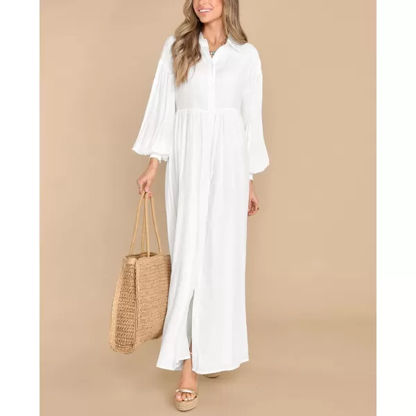 imagechouyatou Womens Casual Long Sleeve Button Down Shirt Dress Elegant Pleated Flowy Swing Maxi DressWhite