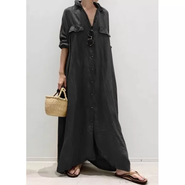 imagechouyatou Womens Casual Long Sleeve Maxi Shirt Dress Loose Fit Cotton Button Down Swing Long DressBlack