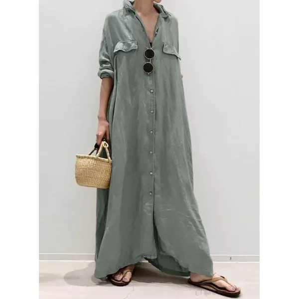 imagechouyatou Womens Casual Long Sleeve Maxi Shirt Dress Loose Fit Cotton Button Down Swing Long DressGreenish Grey