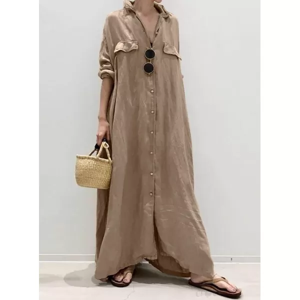 imagechouyatou Womens Casual Long Sleeve Maxi Shirt Dress Loose Fit Cotton Button Down Swing Long DressKhaki