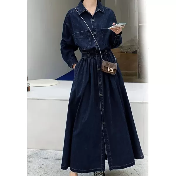 imagechouyatou Womens Casual Spring Fall Denim Dress Elastic Waist Button Down Maxi Long Jean Shirt DressBlue