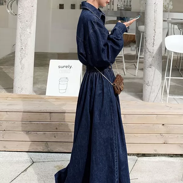 imagechouyatou Womens Casual Spring Fall Denim Dress Elastic Waist Button Down Maxi Long Jean Shirt DressBlue