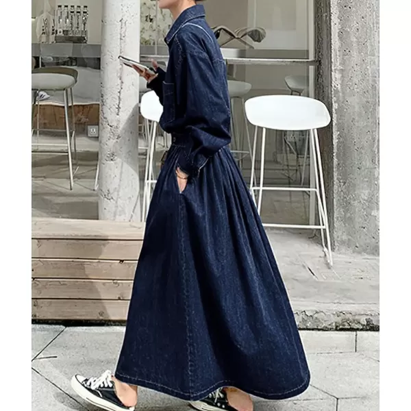 imagechouyatou Womens Casual Spring Fall Denim Dress Elastic Waist Button Down Maxi Long Jean Shirt DressBlue