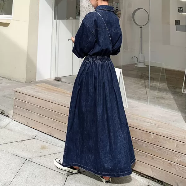 imagechouyatou Womens Casual Spring Fall Denim Dress Elastic Waist Button Down Maxi Long Jean Shirt DressBlue