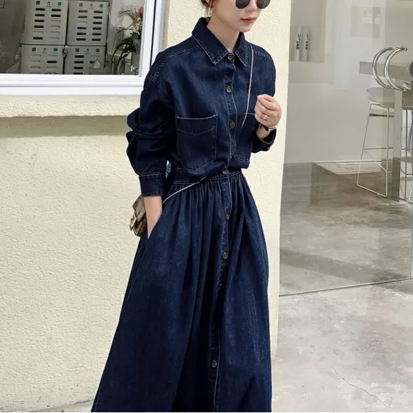 imagechouyatou Womens Casual Spring Fall Denim Dress Elastic Waist Button Down Maxi Long Jean Shirt DressBlue
