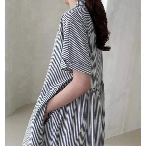 imagechouyatou Womens Cotton Striped Shirt Dress Button Up Short Sleeve Midi Long Shift Dress with PocketsBlack