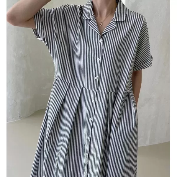 imagechouyatou Womens Cotton Striped Shirt Dress Button Up Short Sleeve Midi Long Shift Dress with PocketsBlack