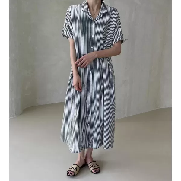 imagechouyatou Womens Cotton Striped Shirt Dress Button Up Short Sleeve Midi Long Shift Dress with PocketsBlack