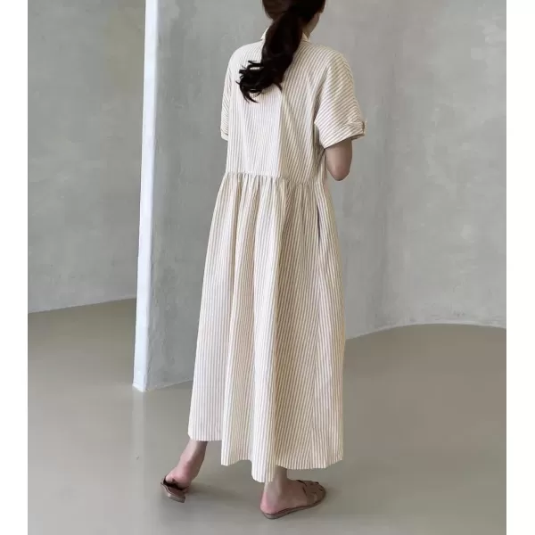 imagechouyatou Womens Cotton Striped Shirt Dress Button Up Short Sleeve Midi Long Shift Dress with PocketsKhaki
