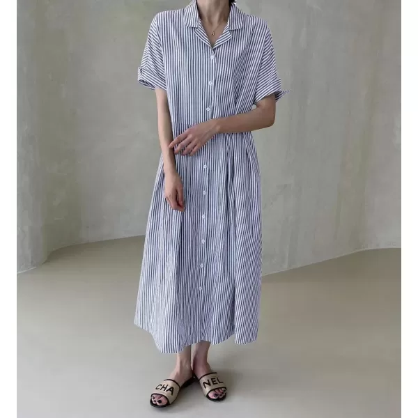 imagechouyatou Womens Cotton Striped Shirt Dress Button Up Short Sleeve Midi Long Shift Dress with PocketsNavy Blue