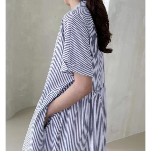 imagechouyatou Womens Cotton Striped Shirt Dress Button Up Short Sleeve Midi Long Shift Dress with PocketsNavy Blue