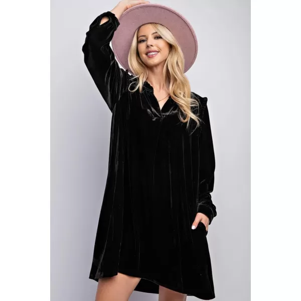 imagechouyatou Womens Long Sleeve Velvet Party Dress Frilly VNeck Tunic Shift Short Dress with PocketsBlack