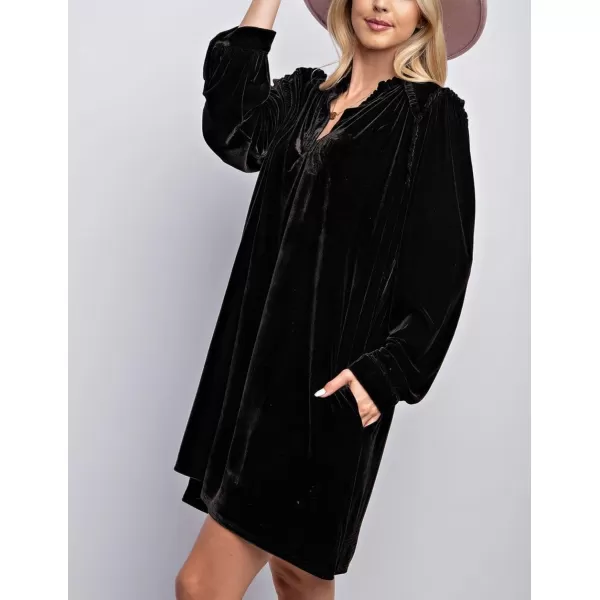 imagechouyatou Womens Long Sleeve Velvet Party Dress Frilly VNeck Tunic Shift Short Dress with PocketsBlack
