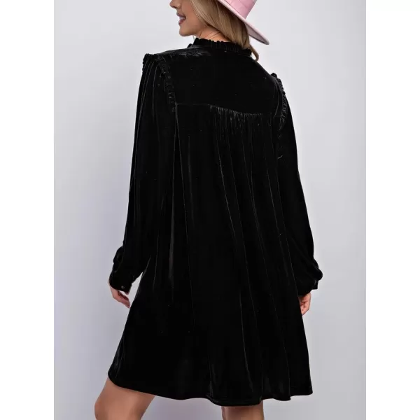 imagechouyatou Womens Long Sleeve Velvet Party Dress Frilly VNeck Tunic Shift Short Dress with PocketsBlack