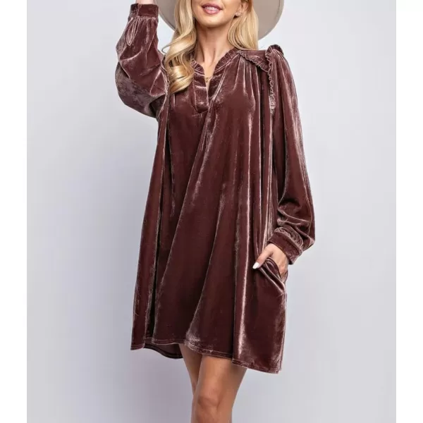 imagechouyatou Womens Long Sleeve Velvet Party Dress Frilly VNeck Tunic Shift Short Dress with PocketsPink Brown