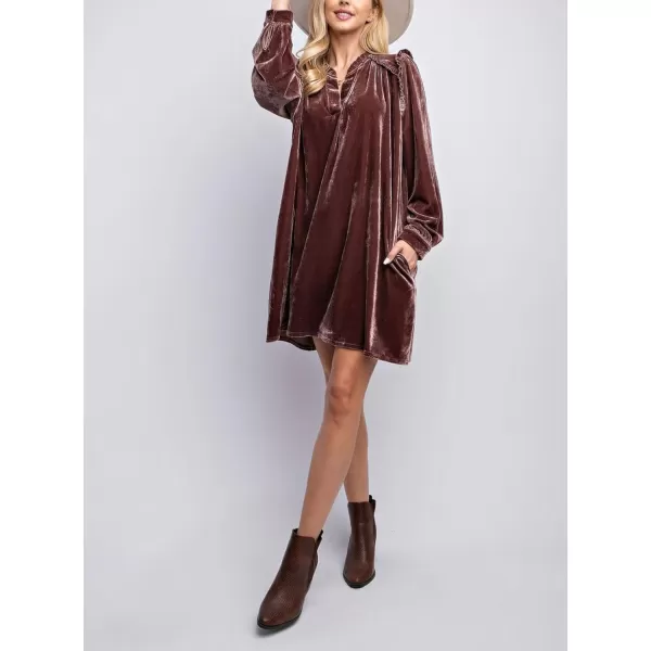 imagechouyatou Womens Long Sleeve Velvet Party Dress Frilly VNeck Tunic Shift Short Dress with PocketsPink Brown