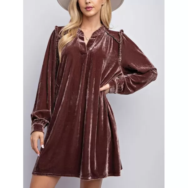 imagechouyatou Womens Long Sleeve Velvet Party Dress Frilly VNeck Tunic Shift Short Dress with PocketsPink Brown