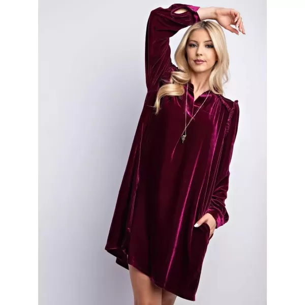 imagechouyatou Womens Long Sleeve Velvet Party Dress Frilly VNeck Tunic Shift Short Dress with PocketsPurple Red