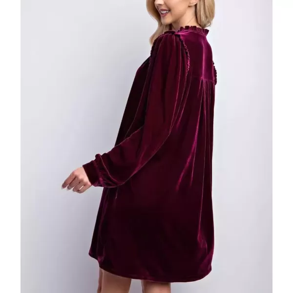 imagechouyatou Womens Long Sleeve Velvet Party Dress Frilly VNeck Tunic Shift Short Dress with PocketsPurple Red