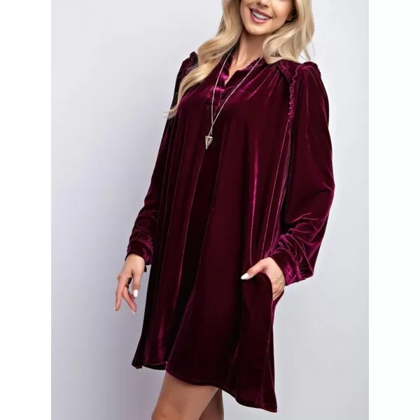 imagechouyatou Womens Long Sleeve Velvet Party Dress Frilly VNeck Tunic Shift Short Dress with PocketsPurple Red