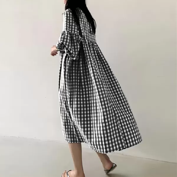 imagechouyatou Womens Loose Fit Retro Plaid Dress Lantern Puff Sleeve Gingham Swing Midi Long Tunic Shift DressBlack