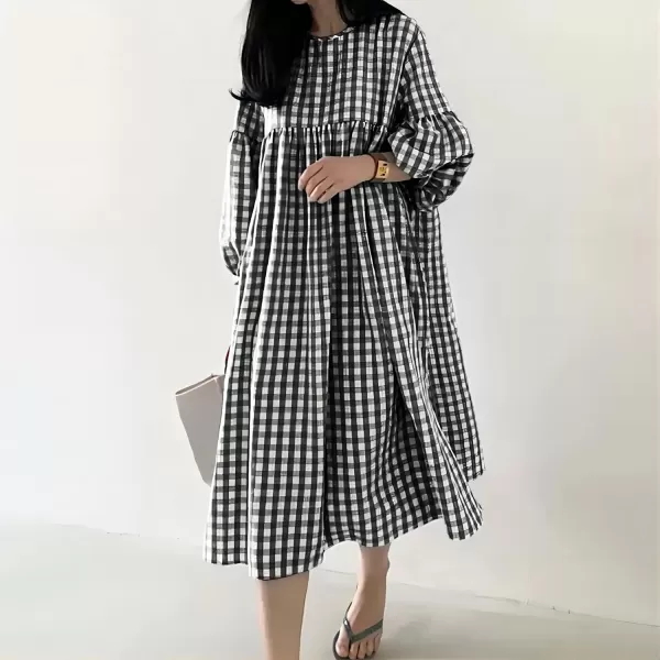 imagechouyatou Womens Loose Fit Retro Plaid Dress Lantern Puff Sleeve Gingham Swing Midi Long Tunic Shift DressBlack